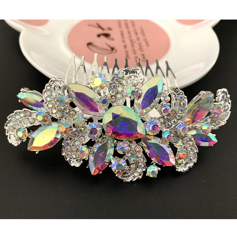

Silver Color AB Rhinestone Flower Leaf Bridal Hair Comb For Girls Crystal Head Ornaments Jewelry Women Wedding Hair Accessories