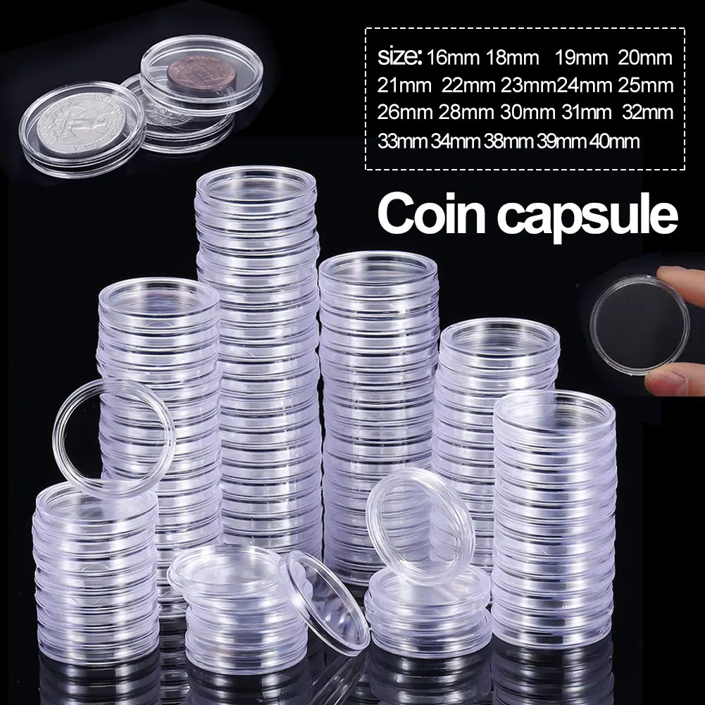 100Pcs 18/19/20/21/23/24/25/26/28/30mm Clear Plastic Coin Capsules Coin Holders Protector Cases Round Transparent Coin Capsules