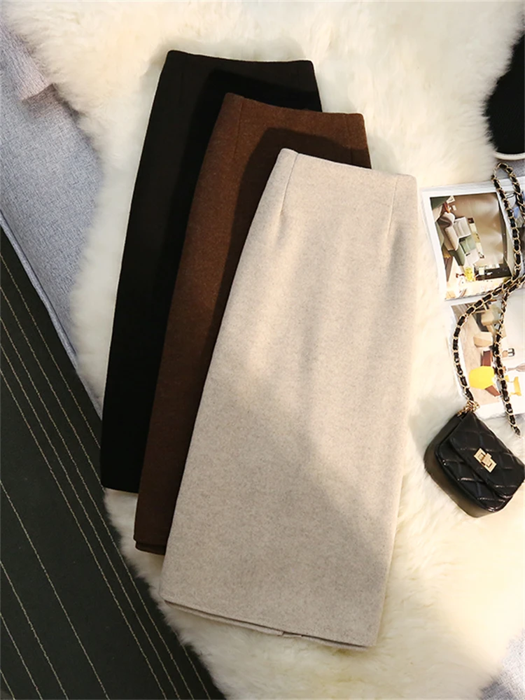 

Woolen Mid-length Skirt Women's Spring And Autumn New High-waisted Split Solid Color Straight Bag Hip One-step Skirt Female