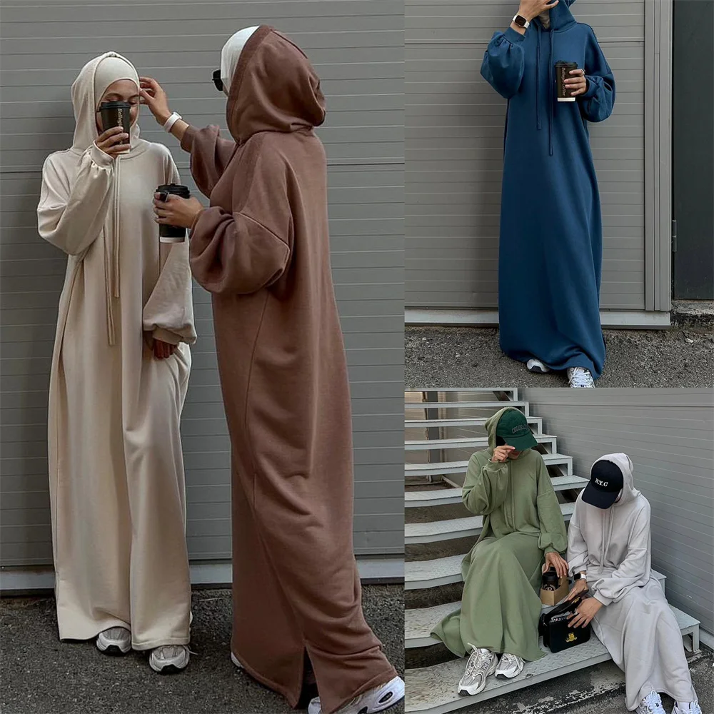 2024 Ramadan Eid Modest Warm Winter Abayas With Hat Muslim Women Abaya Dress Robe Arabe Female Morocco Kaftan Islam Clothing