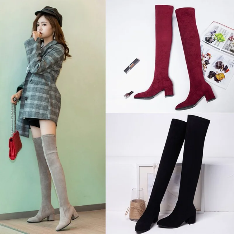 

Женские высокие сапоги выше колена, зимняя обувь на расширяющемся книзу каблуке, привлекательные черные сапоги с острым носком из эластичной ткани, модные дизайнерские осенние сапоги
