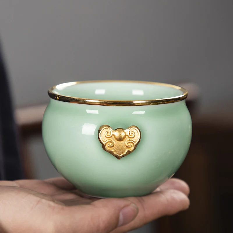 |Light luxury celadon tea set Feng Shui jar pure gold gilding high-grade large personal cup master cup tea cup tea cup