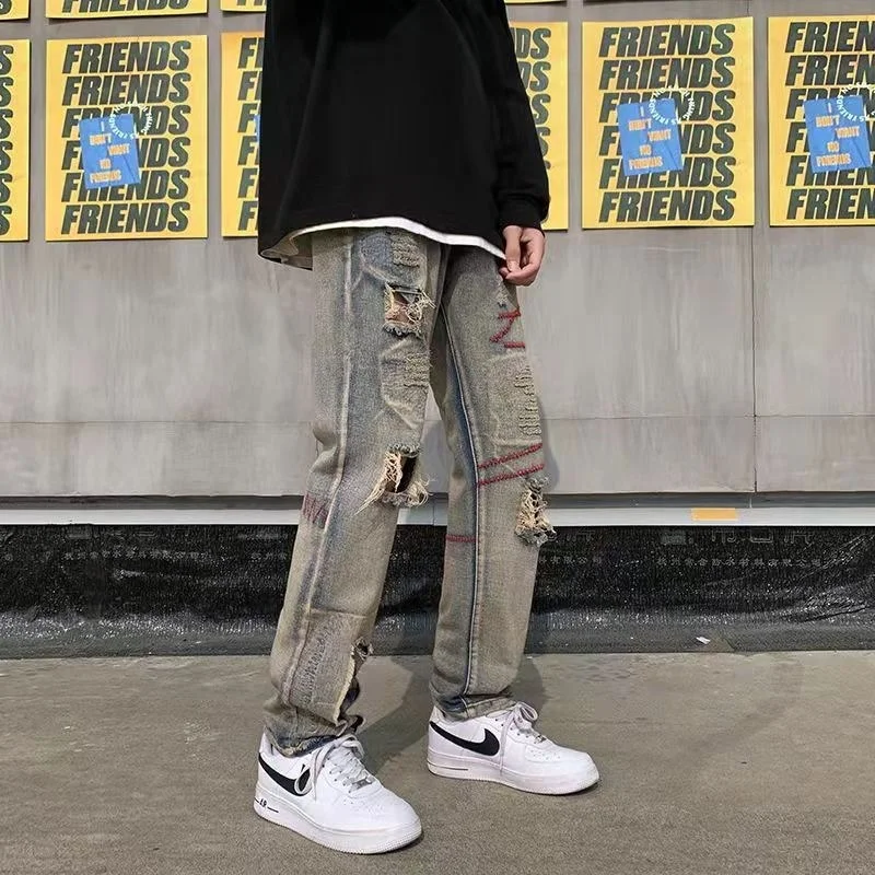 Blue Hole Embroidered Jeans Men Fashion Casual Straight Jeans Men Streetwear Loose Hip Hop Ripped Denim Pants Mens Trousers