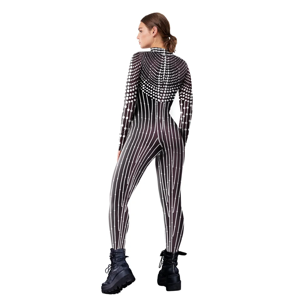 FCCEXIO Pearl Tassel Pattern 3D Print Women Sexy Skinny Jumpsuit Carnival Cosplay Costumes Fancy Bodysuit Party Rompers New images - 6