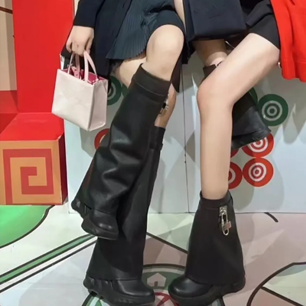 GCYFWJ Shark Lock Women Mid-Calf Boots Woman Genuine Leather Wedge Platform Round Toe Botas Mujer 2022 Metal Decoration Boots