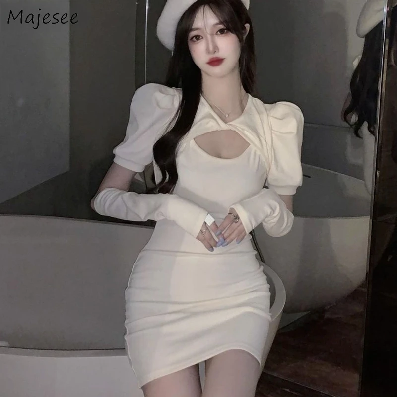 

Long Sleeve Dress Women Sexy Ins Hollow Out Sheath Simple All-match Young Ladies Leisure Sweet College Fashion Korean Style Cozy