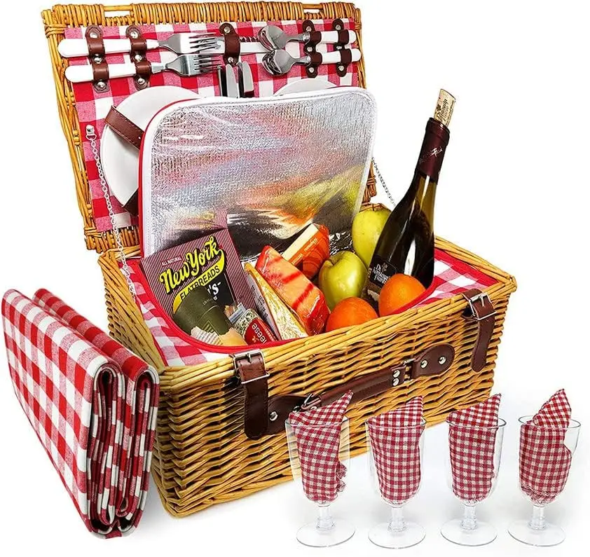 

Person XL Picnic Basket - Insulated Wicker Hamper - Dishwasher Safe Plates, Wine Glasses, Flatware Set and Napkins (4 Person + B