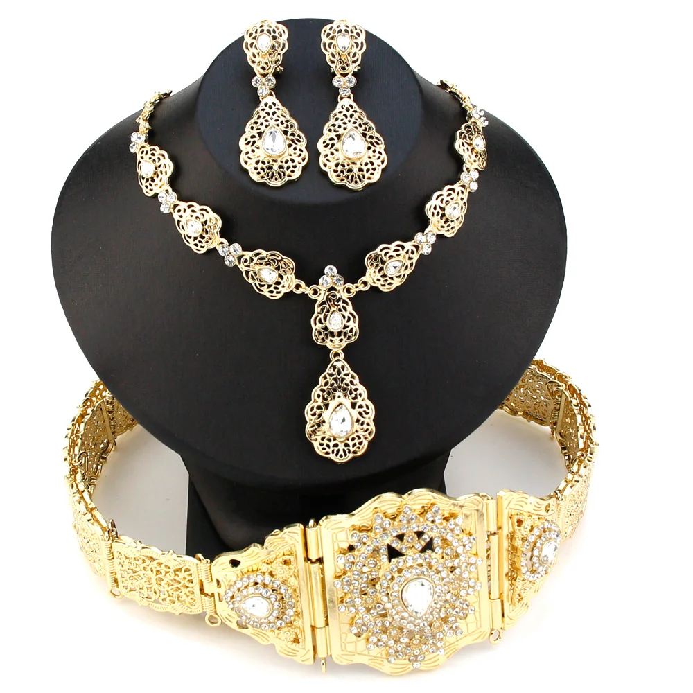 

Sunspicems Chic Morocco Caftan Belt Bride Jewelry Sets Gold Color Crystal Earring Necklace Belt Arabic Women Wedding Bijoux