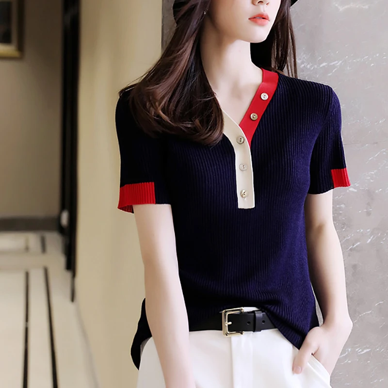 

Thin Knitted T Shirt Women Clothes 2023 Summer Tops Button V-Neck Short Sleeve T Shirts Woman Tee Shirt Femme Camisetas De Mujer