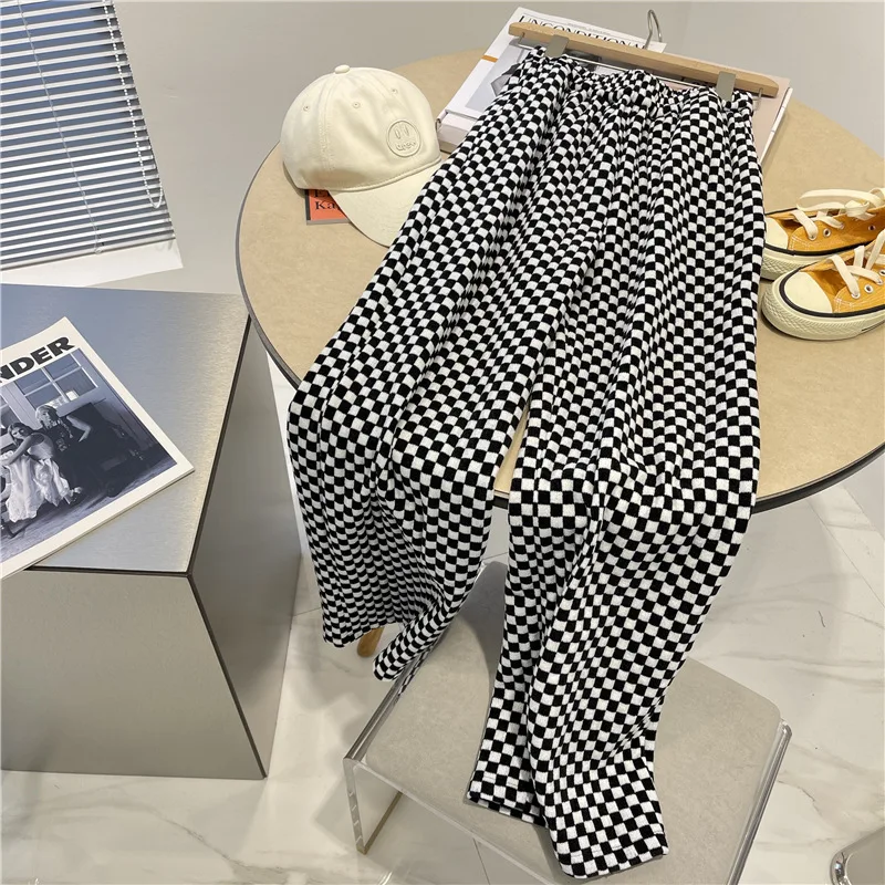 Chessboard Plaid Wide-Leg Pants Women's Winter Chenille Loose Black and White Plaid Casual Trousers High Waist Wide-Leg