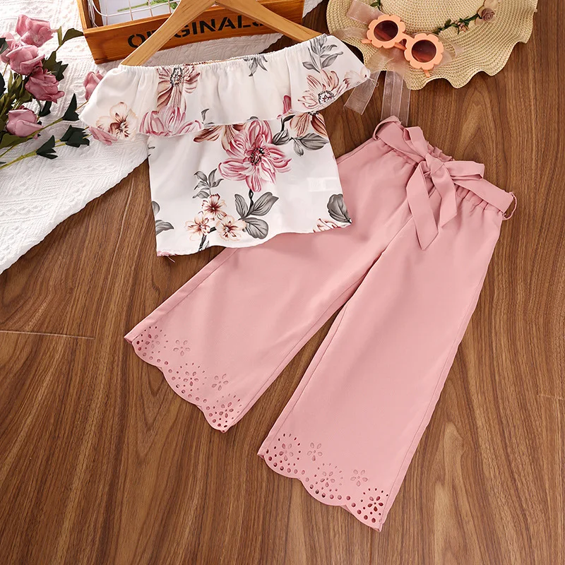 

2023 New Summer Child Clothes Sets Sleeveless Slash Neck Floral Pink Long Pants 2 Piece Sets Designer Boys Clothes Sets 4-7T