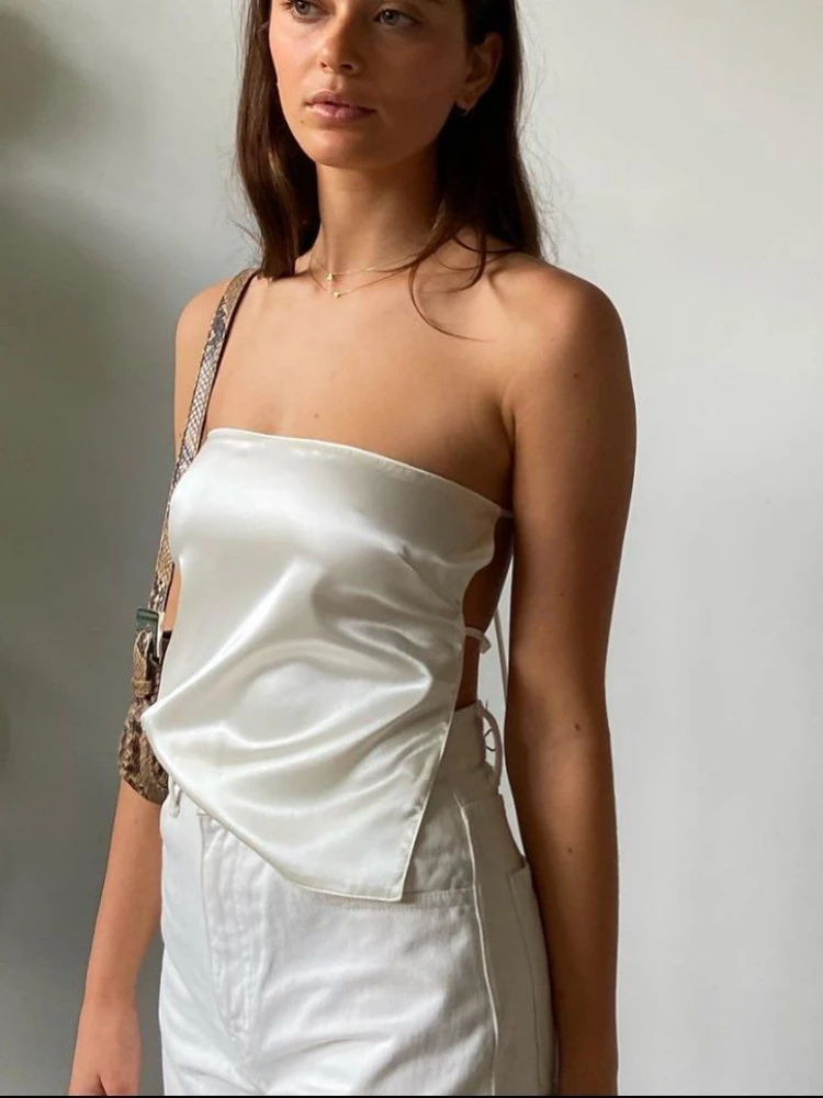 

2022 модные летние пикантные укороченные топы с открытой спиной, топы с открытыми плечами, Женская атласная бандажная безразмерная майка, уко...