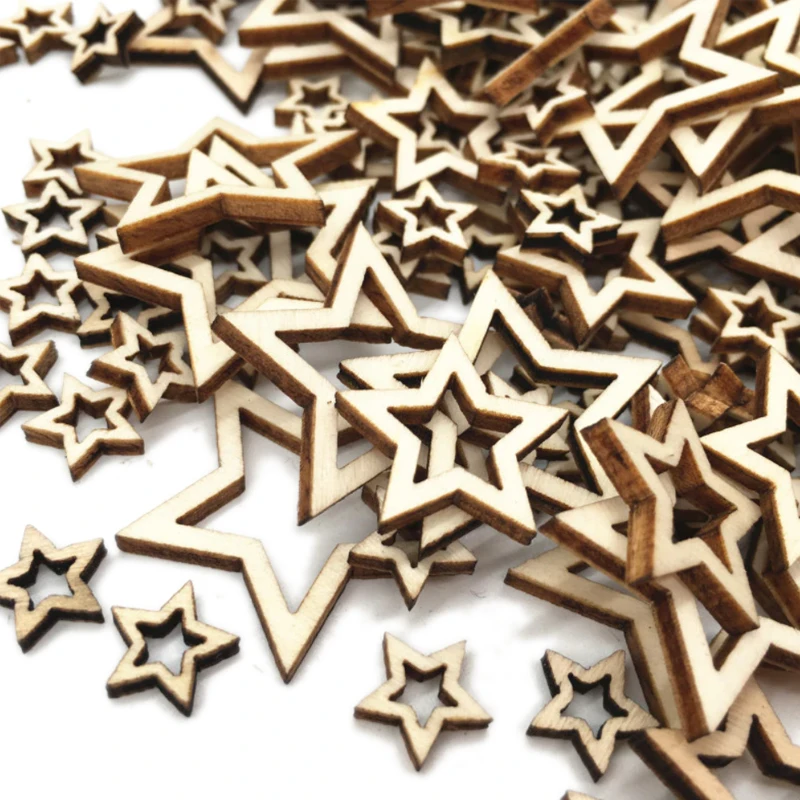 

50pcs Natural Wood Slices Unfinished Wood Cut Wood 1-3cm Wooden Hollow Star Shape Craft Wedding Decor