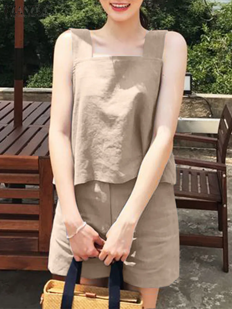 

Костюм ZANZEA Женский Повседневный из топа и шортов, модный однотонный пляжный спортивный костюм без рукавов, с квадратным вырезом, модная уличная одежда, 2 предмета