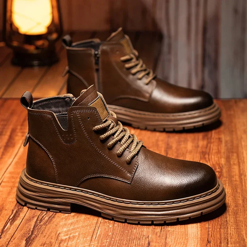 

Men's Tooling Shoes Leather Casual Biker Boots for Men High Top British Shoes Keep Warm Trendy All-match Popular Motorcycle Boot