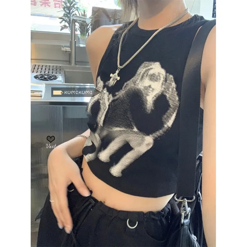 

American Black Cargo Tanks Crop Tops Y2k Women Sleeveless High Street Irregular Print Tank Slim Short Summer Vest Sexy Camis