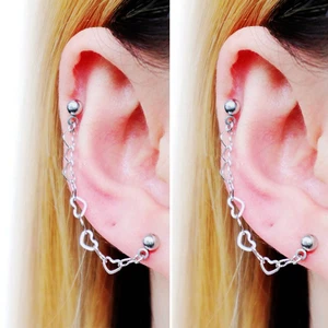 2PC Stainless Steel Heart Earring with Chain on Ears Helix Piercing Ear Lobe Conch Pierc Dangle Cartilage Studs Earrings 16g 20g