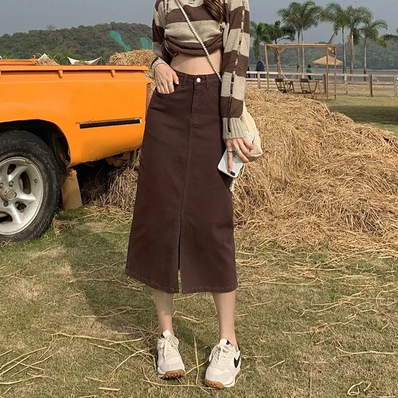 

Denim Skirt Women Streetwear Casual Split High Waist Straight Jeans Skirt New 2023 Aesthetic Korean a Line Long Skirts