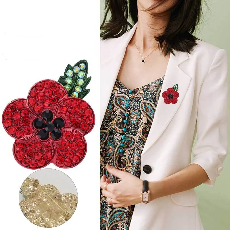 

Luxury Elegant Red Poppy Flower Brooches Gold Color Rhinestone Alloy Plant Enamel Brooch Lady Party Safety Pins