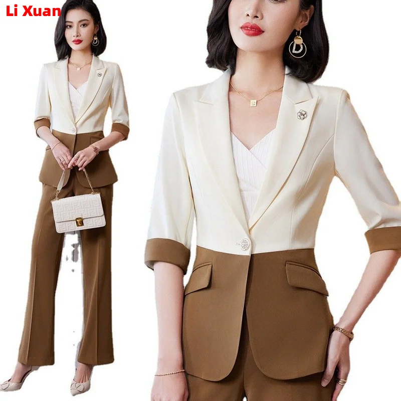 High Quality Korean Spring Suit Single Breasted Slim Print Casual Women Office Blazer Jackets Wide Leg Pants Set Femme 2 Piece