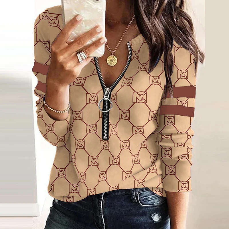 Женская винтажная блузка на молнии с геометрическим принтом сезон весна-осень 2022