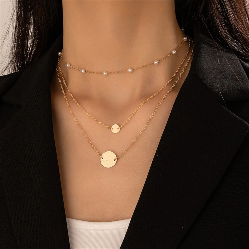 

Fashion Boho Multilevel Gold Color Faux Pearl Chain Round Sequin Pendant Necklace For Women Female Vintage Simple Choker Jewelry