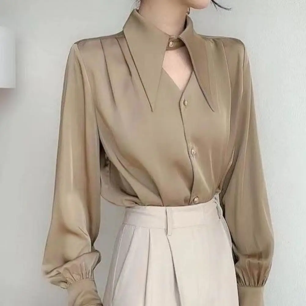 

Women Lapel V-neck Casual Shirt Chic Women's Lapel V-neck Satin Shirt Casual Single-breasted Loose Fit Tops for Streetwear