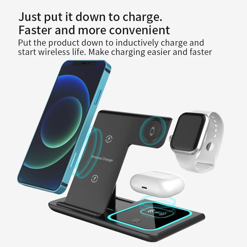 

Black Wireless Charging Station Universal Foldable Qi Fast Wireless Charger Ergonomic Portable Office Accessories 15w 3 In 1