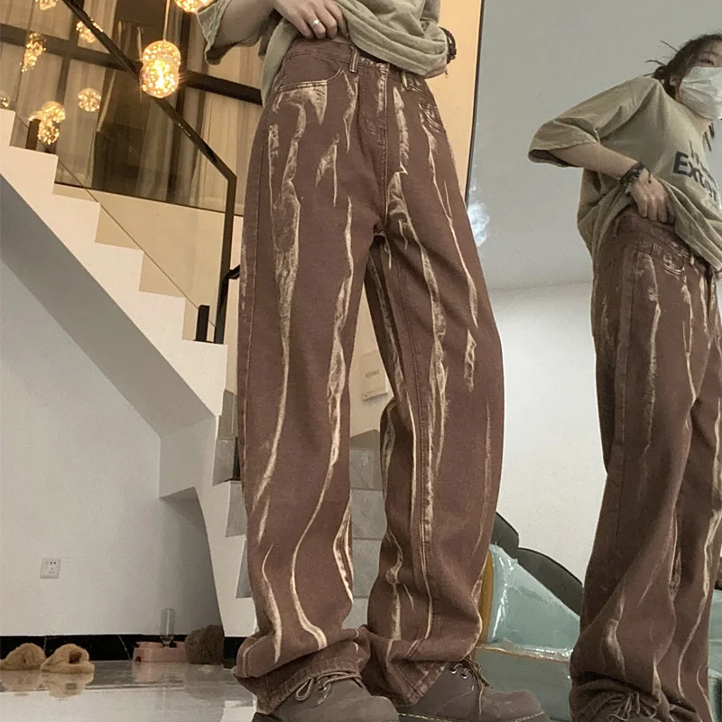 American Retro Tie Dye Brown Jeans Women Fashion Streetwear New High Waist Straight Denim Baggy Pants Female