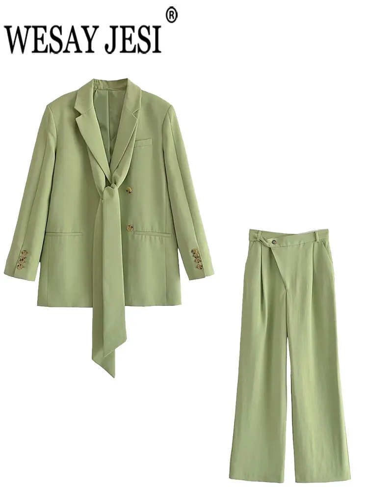 

WESAY JESI Women's Solid Blazer Elegant Office Fashion Button Lapel Pocket Jacket + High Waist Straight Pants Two Piece Workwear