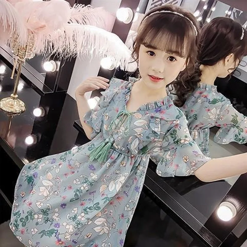 Dress Girl Summer 2022 Princess Tight Waist Floral Party Clothes Children 11 Student Fashion Dresses 2 Toddler 8 Years Old |