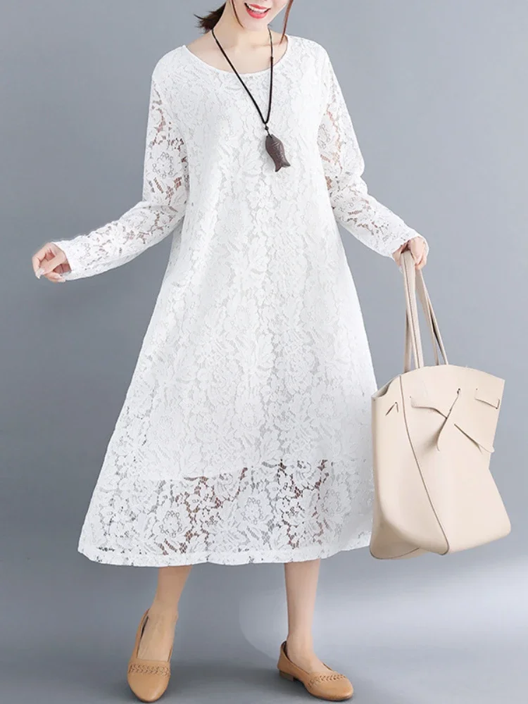 

New Fashion Elegant Women's Dress Solid Color Slimming Round Neck Long Sleeved Elegant Lace Vestido Party Dress for Women 2023