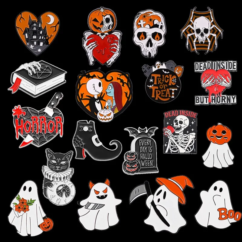 

Halloween Enamel Pin Ghost Punk Black White Bone Goth Brooches Backpack Skull Horror Skeleton Spider Lapel Heart Jewelry Gift