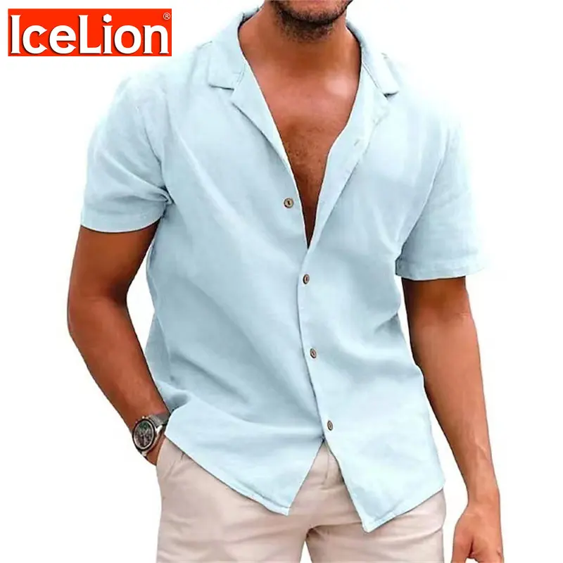 

IceLion 2023 Summer Short Sleeve Men Shirt Plus Size Turn-down Collar Plaid Tops Shirt Fashion Casual Loose Shirt Work Shirt Man