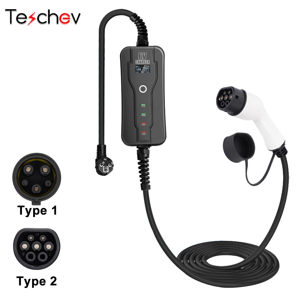 

Teschev Portable EV Charger Type 2 16A Level 2 EVSE Charging Cable Type 1 EU Schuko Plug Controller Wallbox for Electric Car