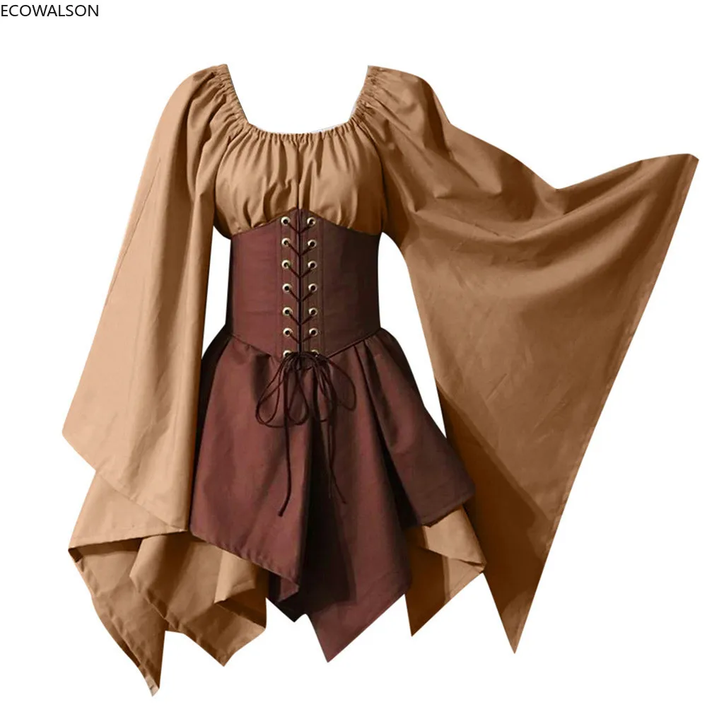 

2022 Women Medieval Vintage Renaissance Cosplay Dress Costumes Gothic Retro Long Sleeve Corset Skirt Dress Halloween Elf Dresses