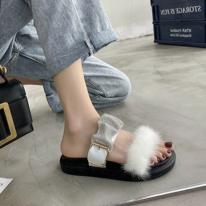 

Летние женские сандалии, летние пушистые шлепанцы, праздничная пляжная обувь, Нескользящие мягкие Тапочки