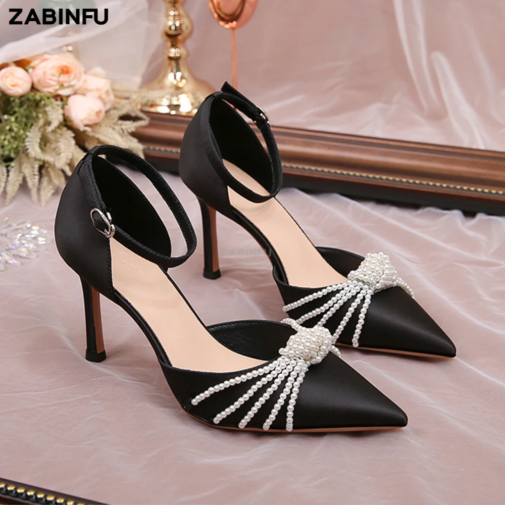 Pearl Chain Luxury Women Heels 2023 New In Pointed Toe Stiletto Ankle Buckle Heeled Sandals Sexy Satin White Wedding Shoes Bride