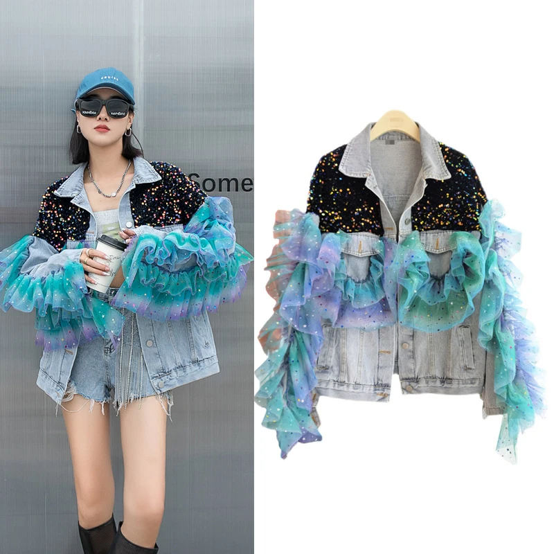 

2022 New Chic Denim Fashion Jacket Coats For Women Heavy Industry Sequins Gradient Color Stitching Mesh Long Sleeve Loose Tops