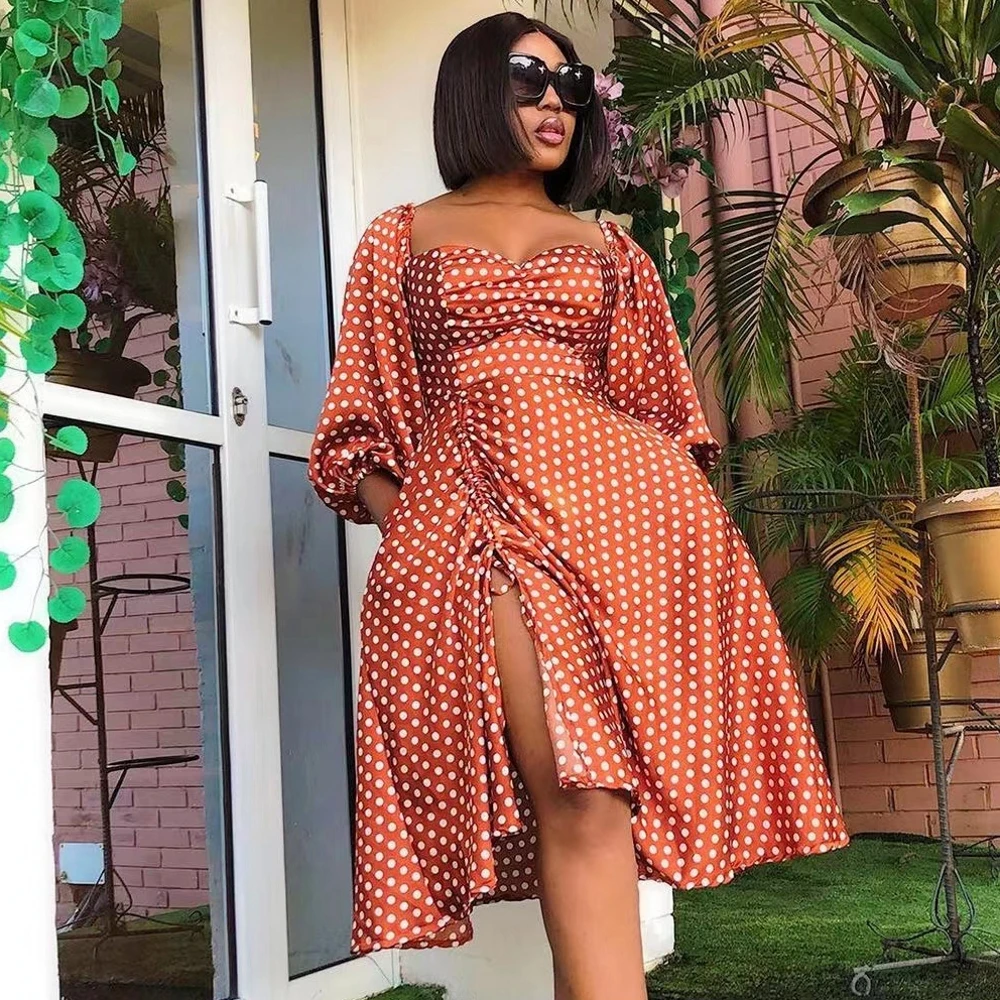 

Dashiki African Dresses For Women Africa Clothing Spring Summer Fashion Sexy Dot Print Drawstring Office Lady New Lady Vestidos