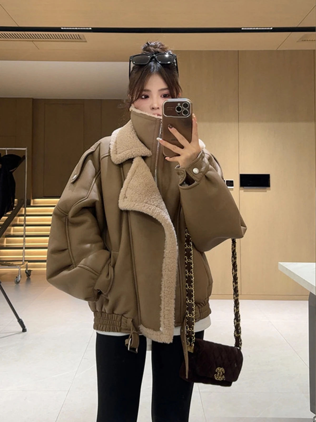 Серая замша берберская флисовая меховая интегрированная верхняя одежда женская