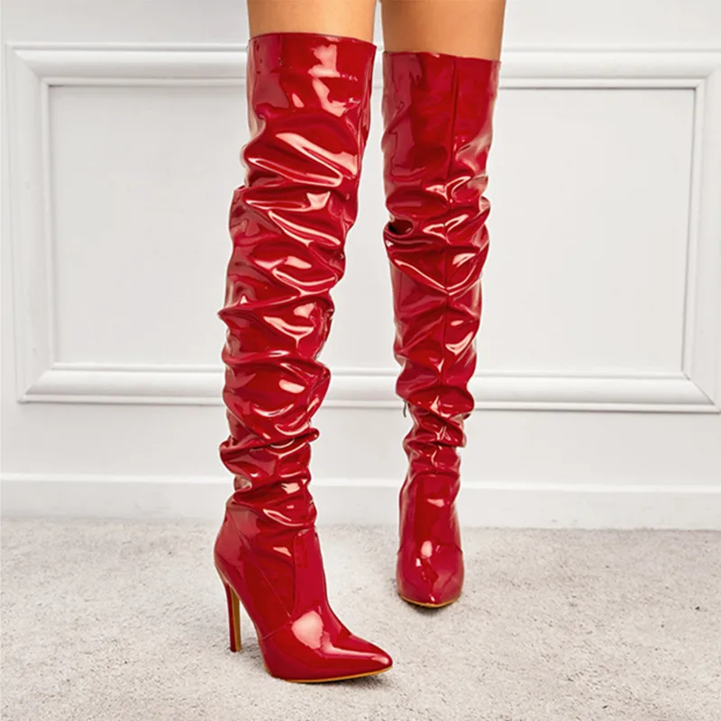 Plus Size 35 - 42 Modern Boots For Women Club Shoes Pointed-toe 11cm Heels Patent Leather Over-the-Knee Boots Sexy High Boots