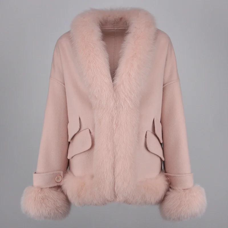 Женская кашемировая куртка с карманами, с воротником из натурального меха лисы