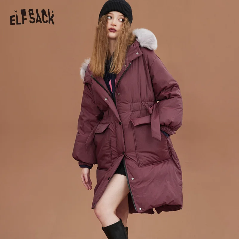 ELFSACK Red Warm Down Coats Women 2022 Winter Long Casual Windproof Jackets
