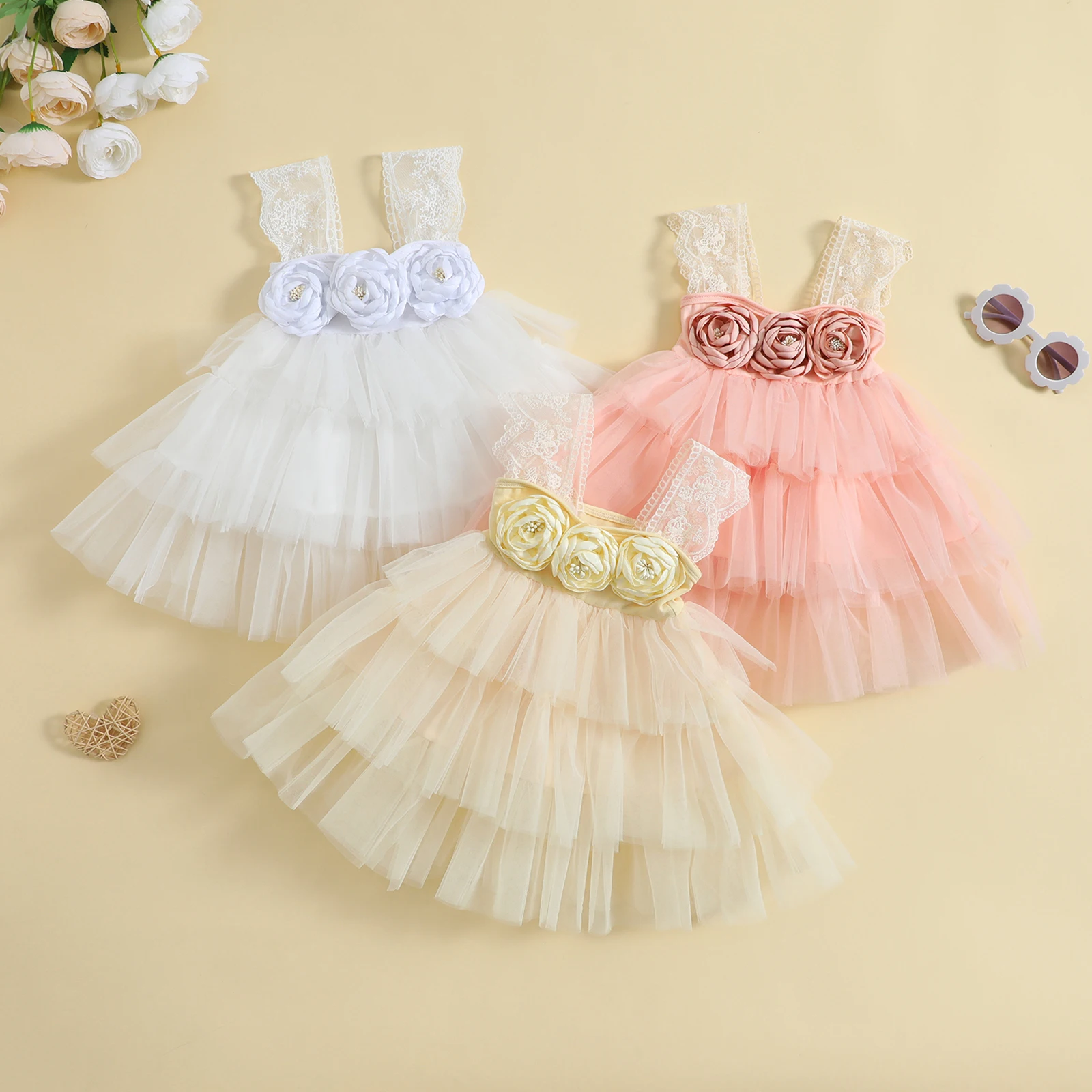

Свободное ТРАПЕЦИЕВИДНОЕ платье принцессы для маленьких девочек, милое летнее платье из многослойного тюля без рукавов с 3D цветами и кружевами на бретельках для фотографий/пляжа