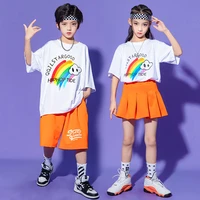 kid hip hop clothing white graphic tee t shirt orange summer shorts skirt mini for girl boy jazz dance costume clothes set 2 pcs