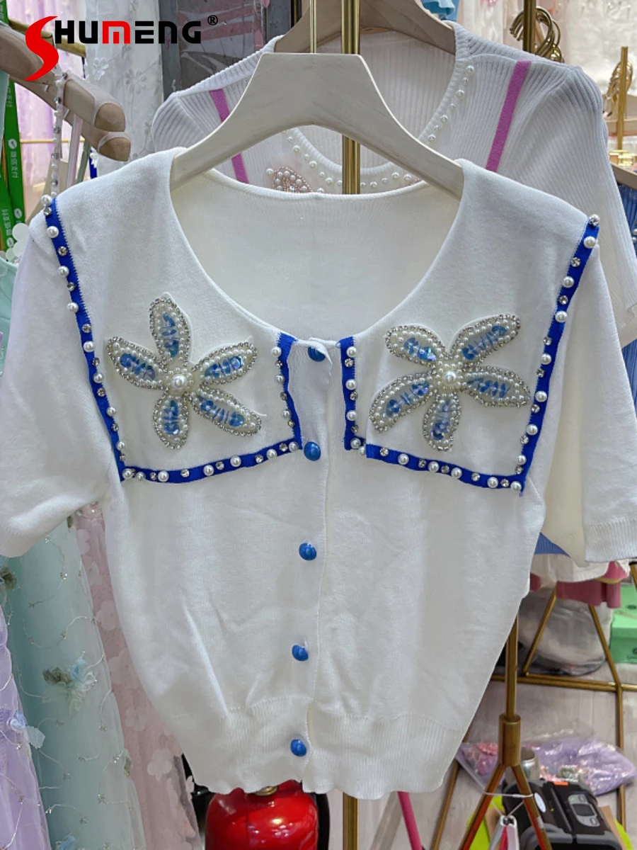 

Ladies Doll Collar Cute Sweet Elegant Short Sleeve Knitwear Top Women's 2022 Summer Korean Style Fashion Fairy Slim Fit T-shirt