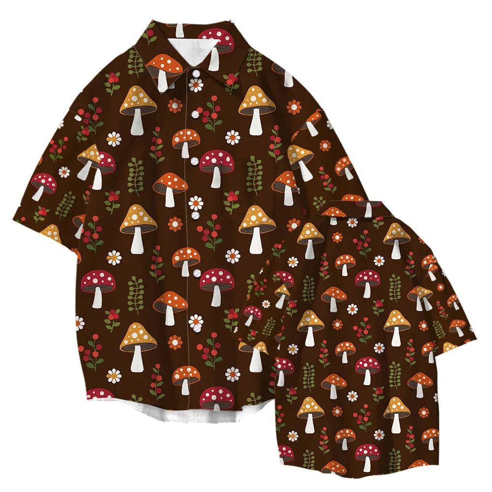 Mushroom Print Summer Short Sleeve Hawaiian Beach Streetwear Vintage Loose 2022 Fashion Men's Clothing Shirts Breathable Tops