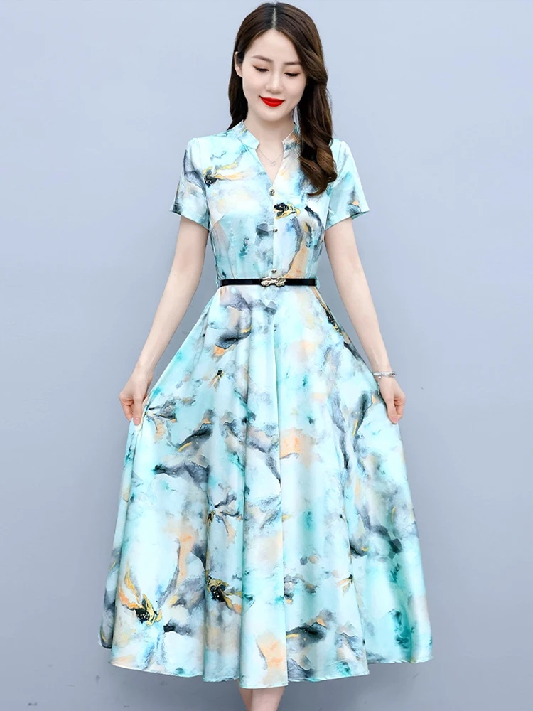 

Женское атласное платье с V-образным вырезом, Длинное Элегантное повседневное платье средней длины с цветочным принтом, вечернее платье в Корейском стиле для выпускного вечера, лето 2023