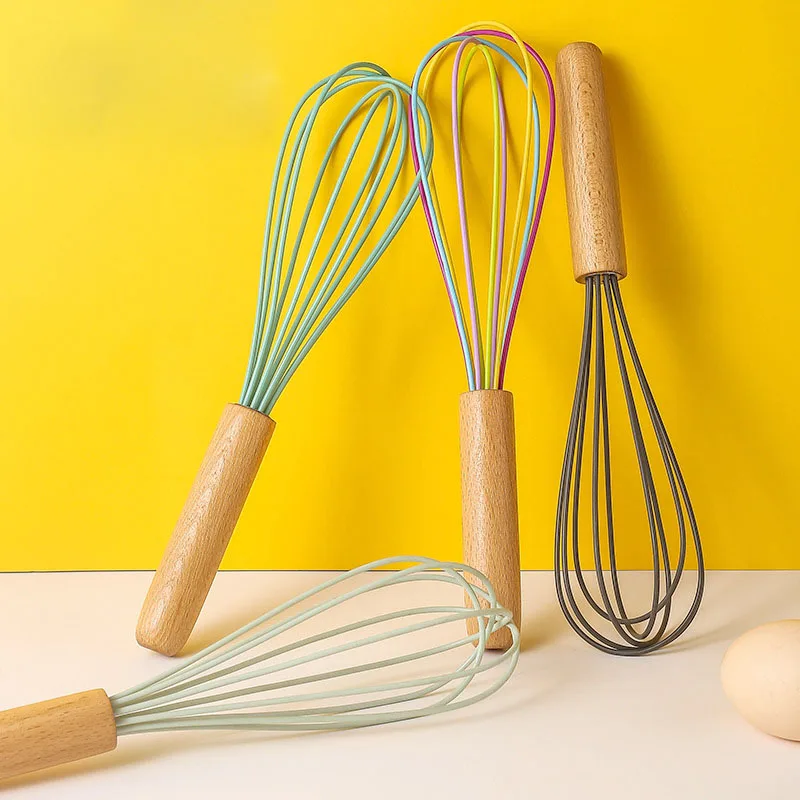 Silicone Egg Beater 10 Inch Wooden Handle Manual Cake Creamer and Dough Mixer Whisk Baking Tool Kitchen Gadget